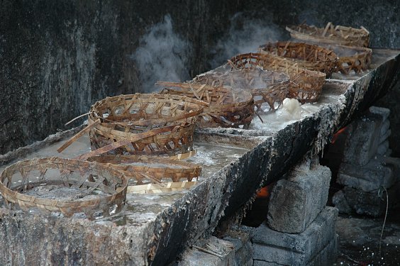 In großen Bottichen mit heißem Wasser werden die Fische gekocht